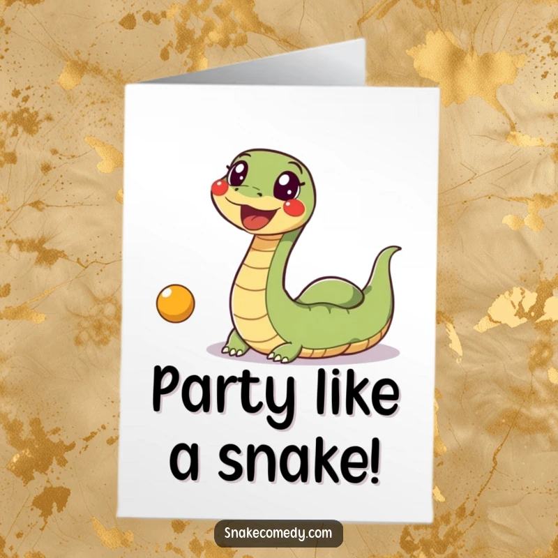 Funny Free Printable Birthday Card: An energetic snake wiggles with glee while joyfully chasing a bright bouncing ball.
