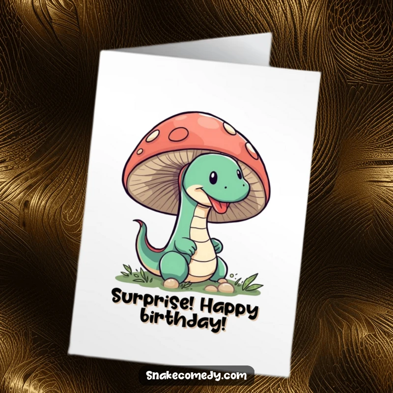 Funny Free Printable Birthday Card: A sneaky snake peeks with mischief from behind a large, colorful mushroom, wishing you happy birthday.