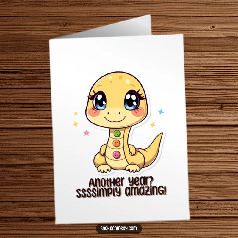 Funny Free Printable Birthday Card: A snake with sparkling eyes expertly juggles three shiny buttons, celebrating with flair.