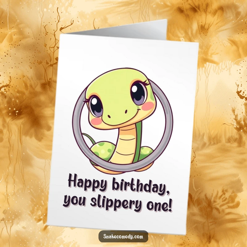 Funny Free Printable Birthday Card showing a kawaii snake with wide, curious eyes squeezing through a tiny hoop, a unique greeting.