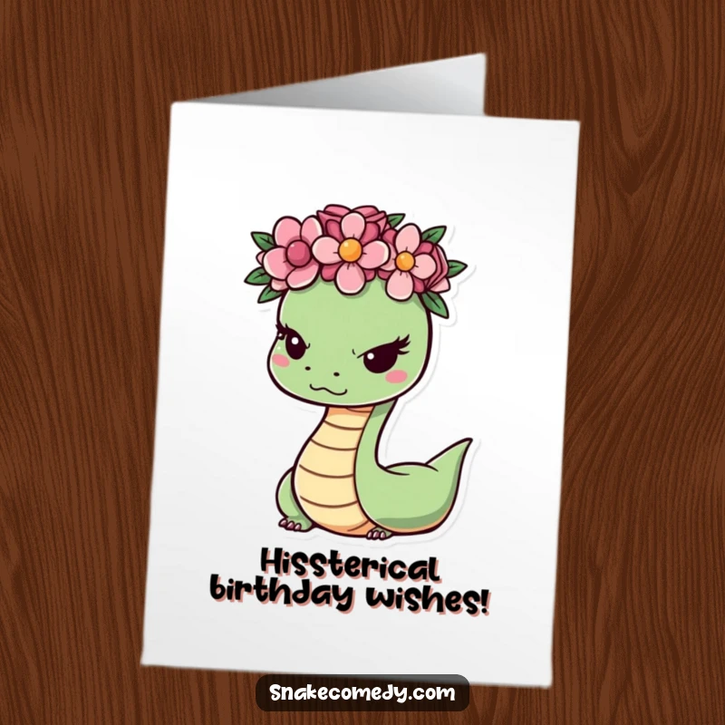 Funny Free Printable birthday card featuring a cute snake with a flower crown, giving a sly, charming wink.