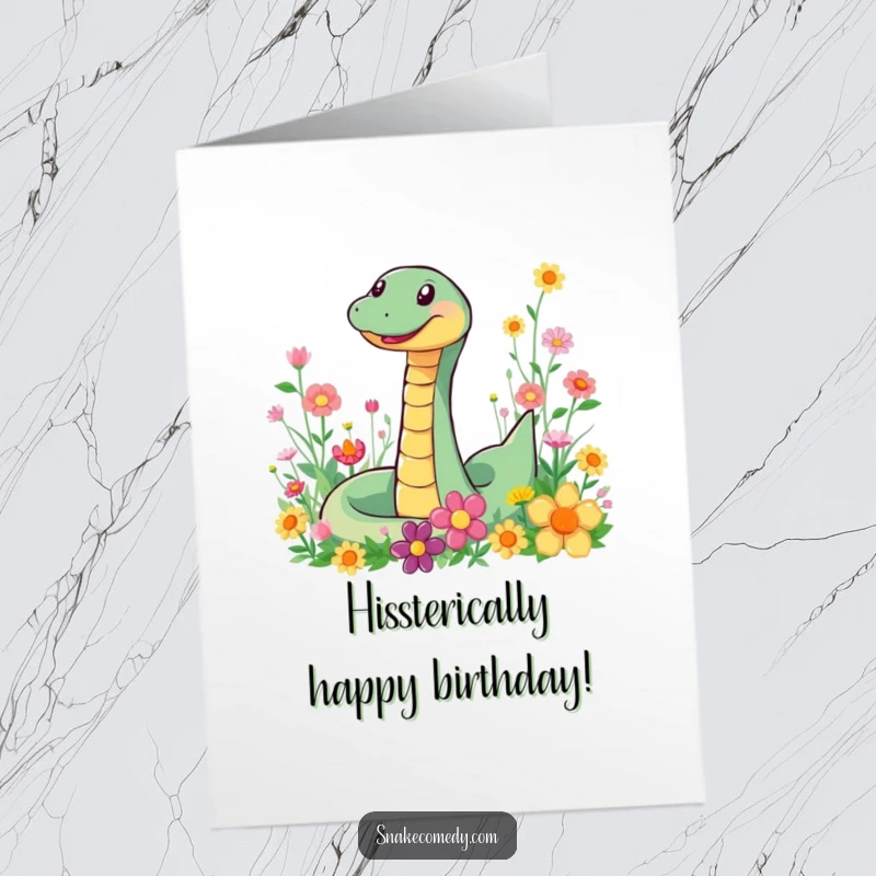 Funny Free Printable Birthday Card: A smiling snake joyfully slithering through a field of vibrant, colorful flowers, beaming with happiness.