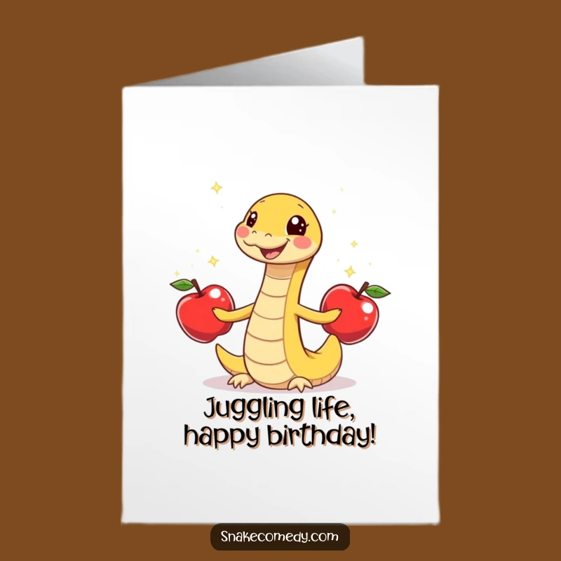 Free Printable Birthday Card: Funny Snake Juggling Apples Downloadable Gift