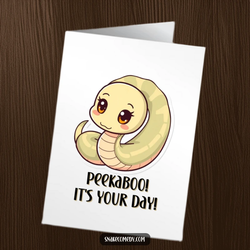 Funny Free Printable Birthday Card showing a snake character with wide, curious circular eyes, peeking playfully from a tight coil.