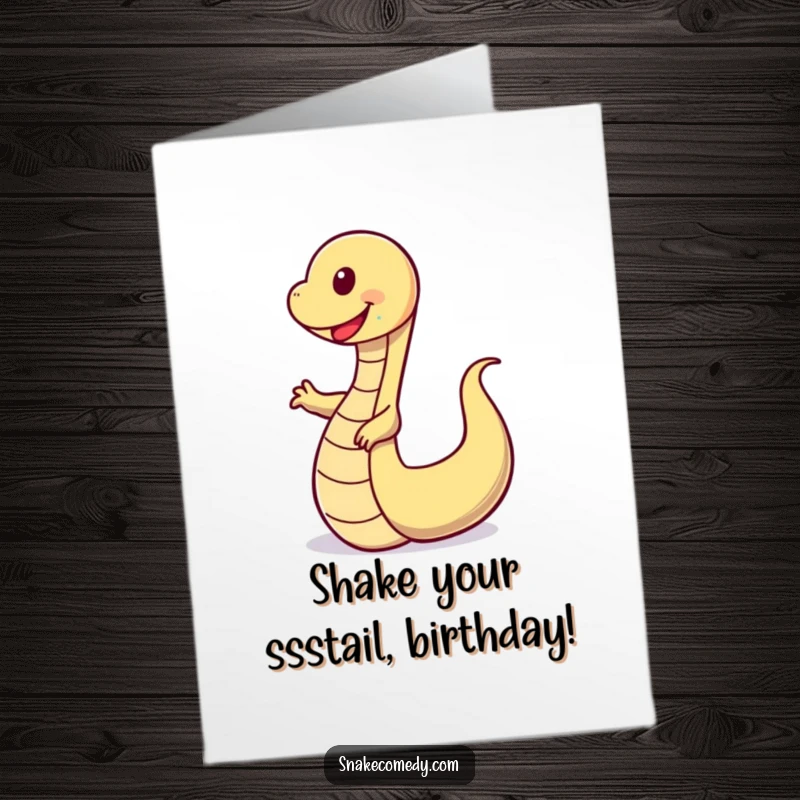 Funny Free Printable Birthday Card of a happy, wiggly snake doing a joyful tail dance, spreading birthday cheer and laughter.