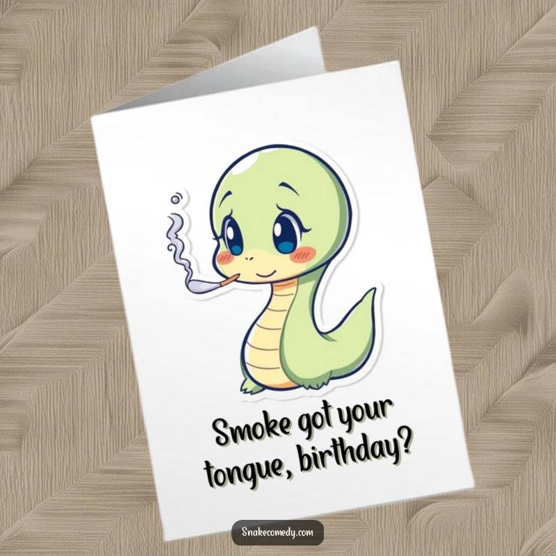 Funny Free Printable Birthday Card: Surprised snake character blowing tiny smoke puff, perfect for a unique downloadable gift.