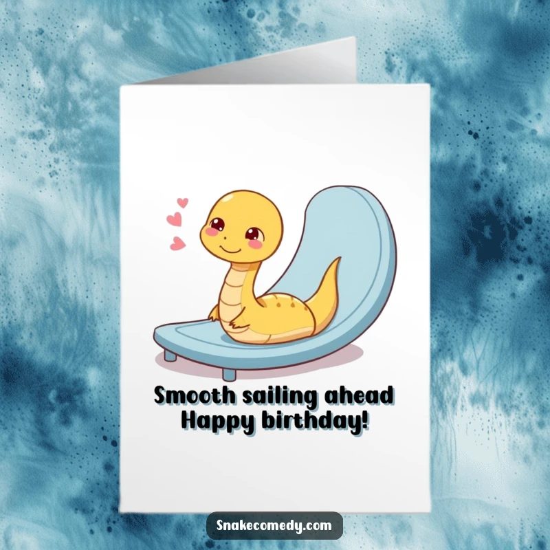 Funny Free Printable Birthday Card: Coiled snake with a contented sigh after sliding down a ramp, feeling relaxed.