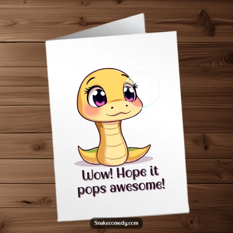 Funny Free Printable Birthday Card: Snake with wide, amazed eyes staring at a floating, shimmering bubble, filled with awe.