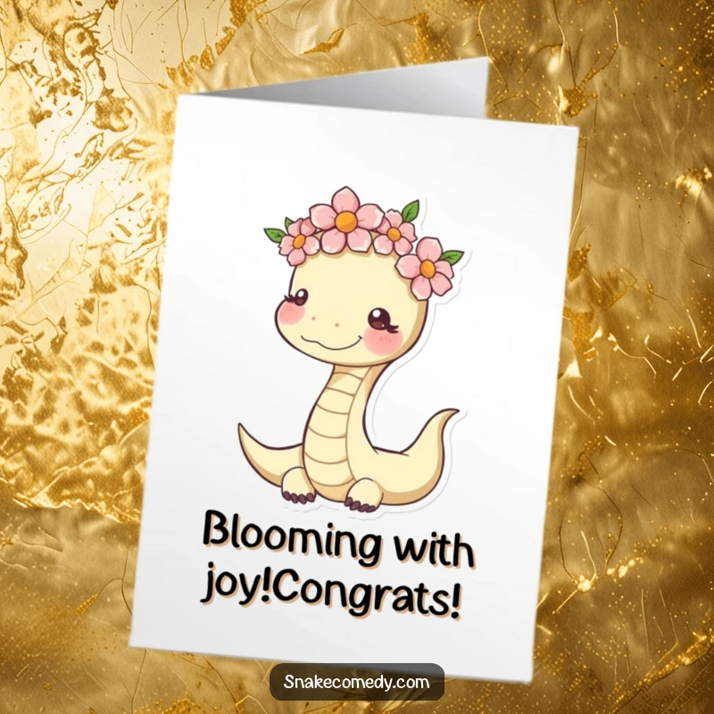 Funny Free Printable Congrats Card: A cheerful snake character adorned with a flower crown, looking peaceful and happy, a unique download.