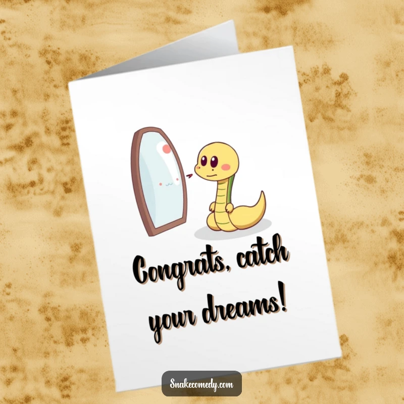 Funny Free Printable Congratulations Card showing a snake happily chasing its reflection, celebrating unique achievements with delight.