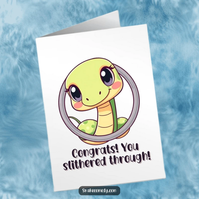 Funny Free Printable Congratulations Card with a kawaii snake squeezing through a hoop, showing wide, curious eyes, a quirky downloadable.