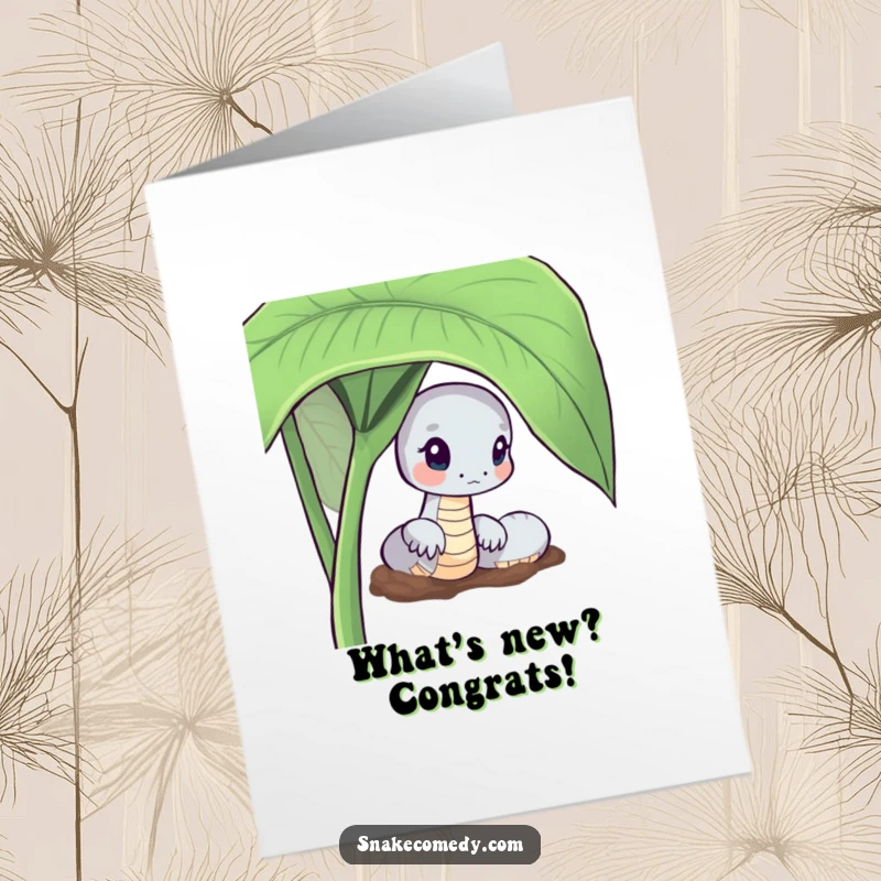 Funny Free Printable Congrats Card: Snake character peeking with wide eyes from behind a vibrant green leaf, a unique downloadable.
