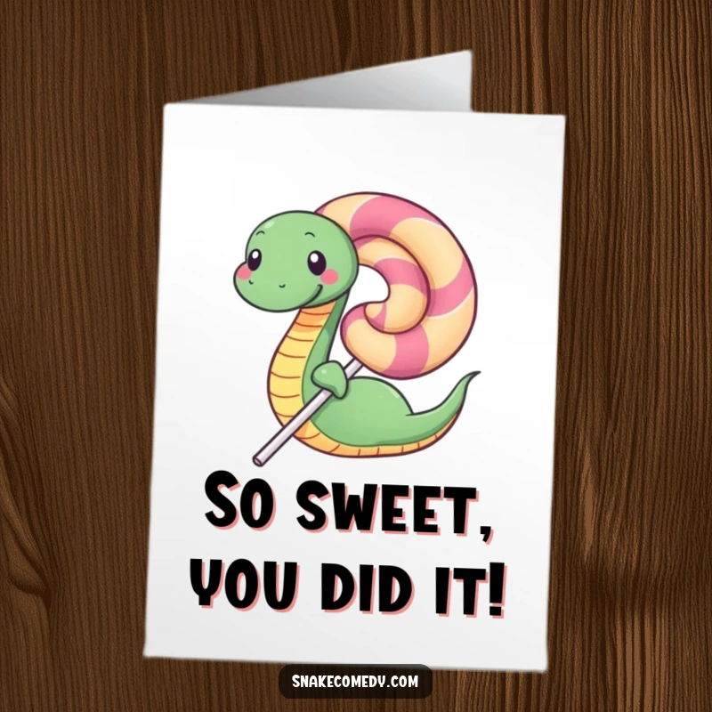 Funny Free Printable Congrats Card: A contented snake embraces a huge, tempting lollipop, symbolizing sweet success.