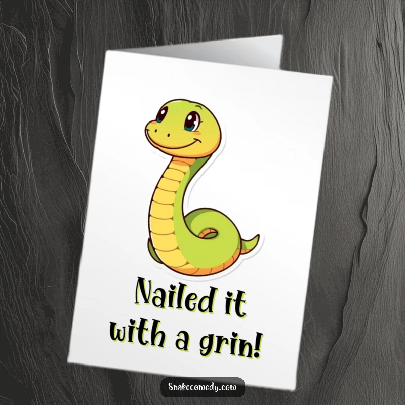 Funny Free Printable congratulations card showing a snake character playfully coiling and uncoiling with a big, happy grin.