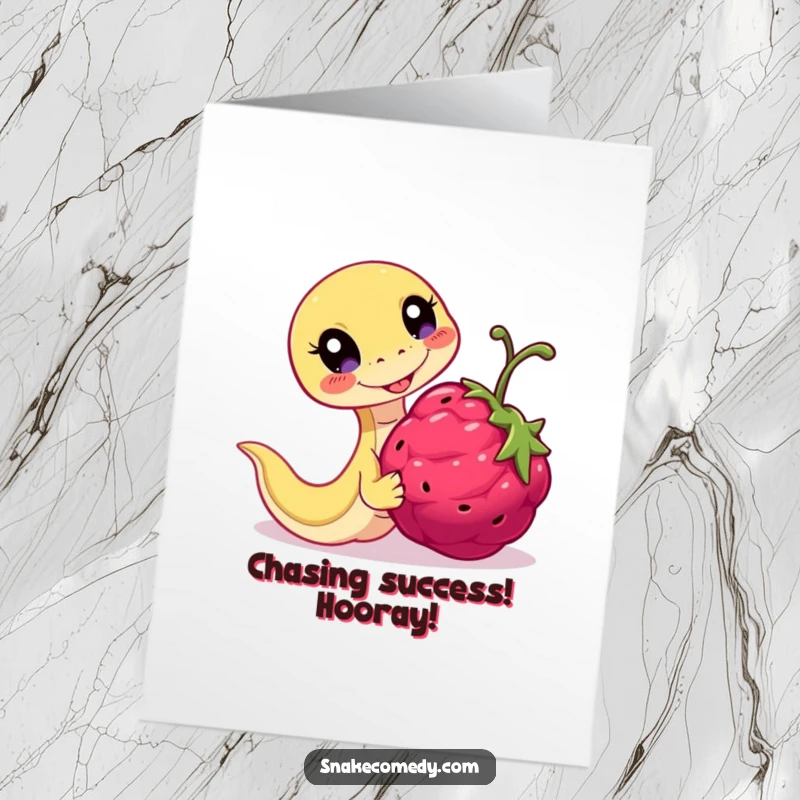 Funny Free Printable Congrats Card: Energetic snake character playfully pursuing a rolling berry with eyes full of glee, a fun download.
