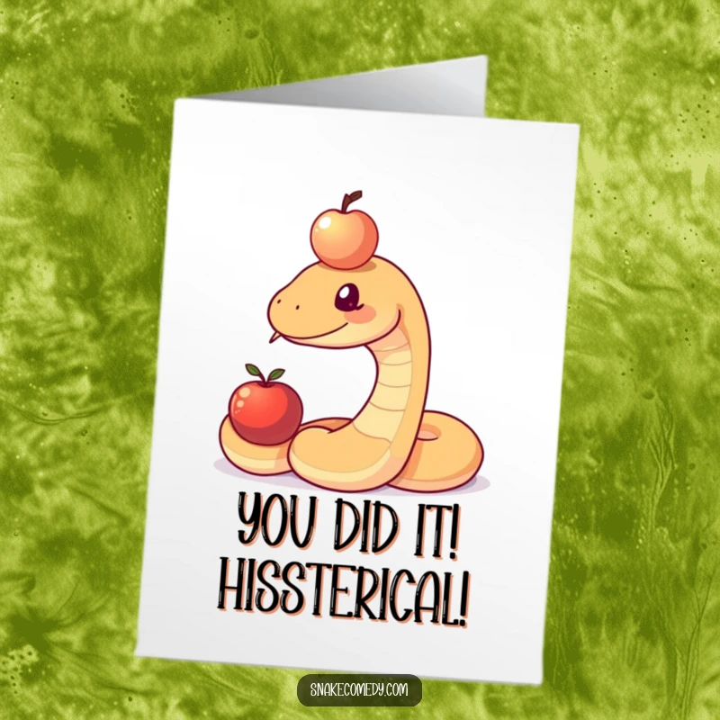 Funny Free Printable Congratulations Card: Determined snake attempting to balance a shiny apple on its forehead, symbolizing achievement.