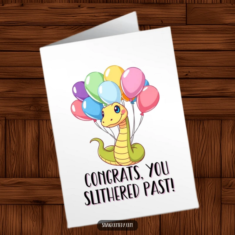 Funny Free Printable Congrats Card: A playful snake is wrapped in colorful balloons, signifying a joyous, surprising achievement.