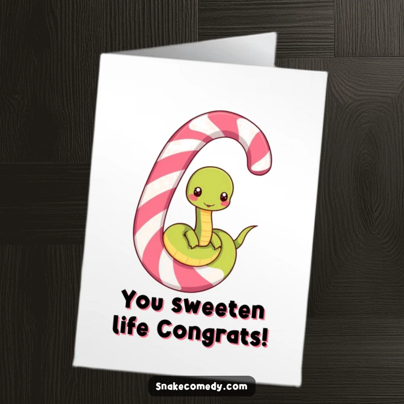 Funny Free Printable Congratulations Card: Snake unwinding from a striped candy cane, symbolizing sweet victory or achievement.