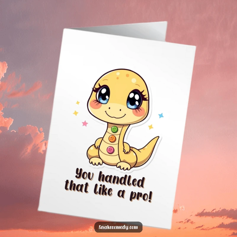 Funny Free Printable Congrats Card: A snake with bright, sparkling eyes joyfully juggles three shiny buttons, celebrating success.