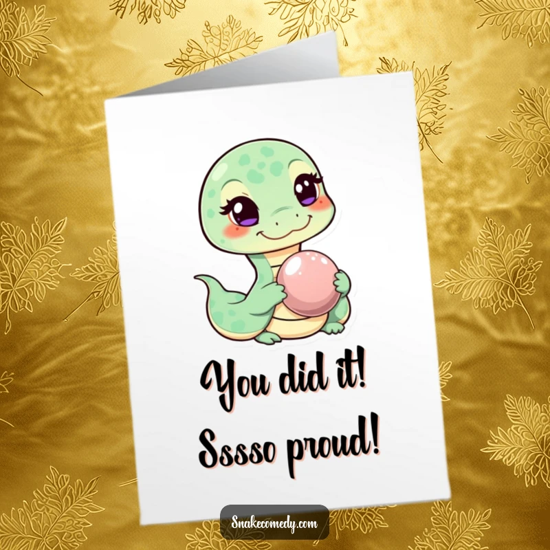 Funny Free Printable Congratulations Card: Sly snake with a wink offers a shiny pebble, celebrating success with humor.