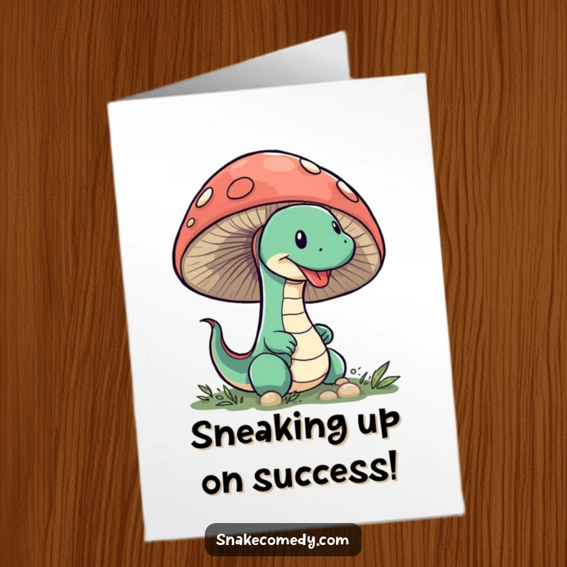 Funny Free Printable Congrats Card: A sly snake with a curious expression peeks from behind a giant mushroom, celebrating your win.