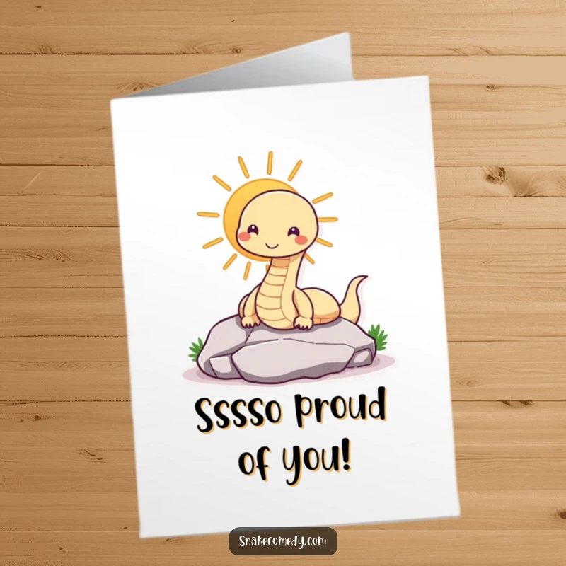Funny Free Printable Congratulations Card: A smiling snake soaking up the sun on a rock. Chill congratulations, downloadable art.
