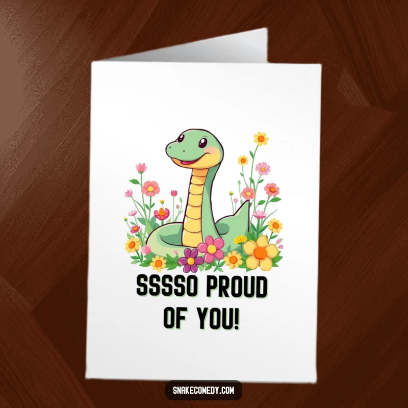 Funny Free Printable Congratulations Card: A happy snake slithering with a smile through a colorful flower field to celebrate your success.