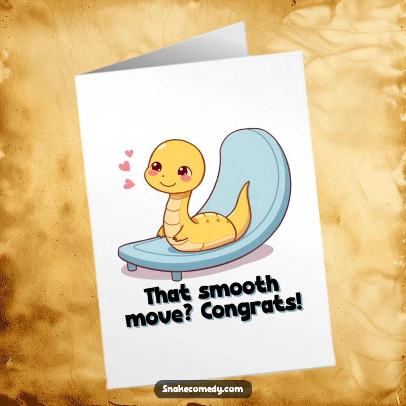 Funny Free Printable Congratulations Card: Snake coiled in contentment after sliding down a ramp, a symbol of smooth achievement.