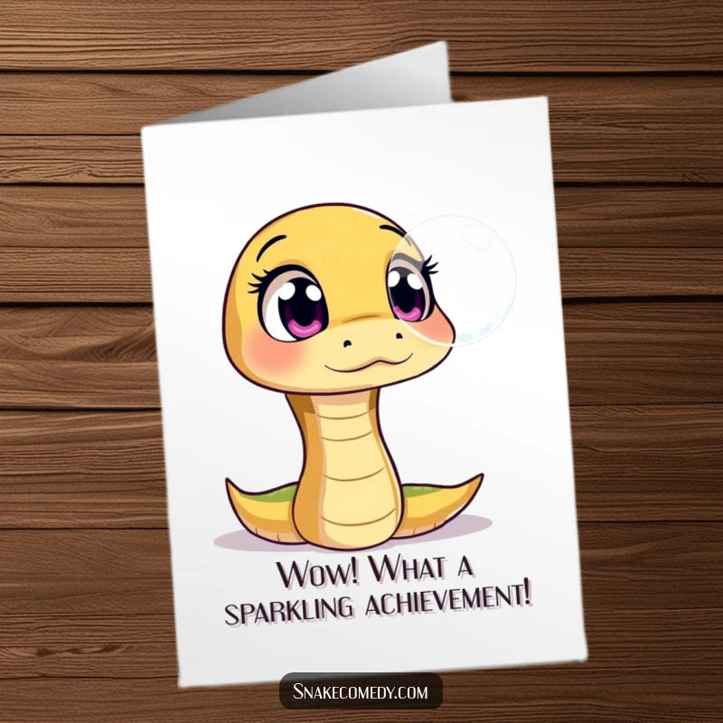 Funny Free Printable Congratulations Card: Snake with wide, amazed eyes observing a floating, shimmering bubble, symbolizing a brilliant success.
