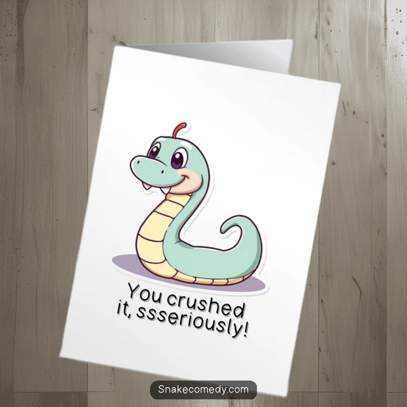 Free Printable Congratulations Card showing a serpentine character with a massive, toothy grin, wiggling joyfully in a loop.