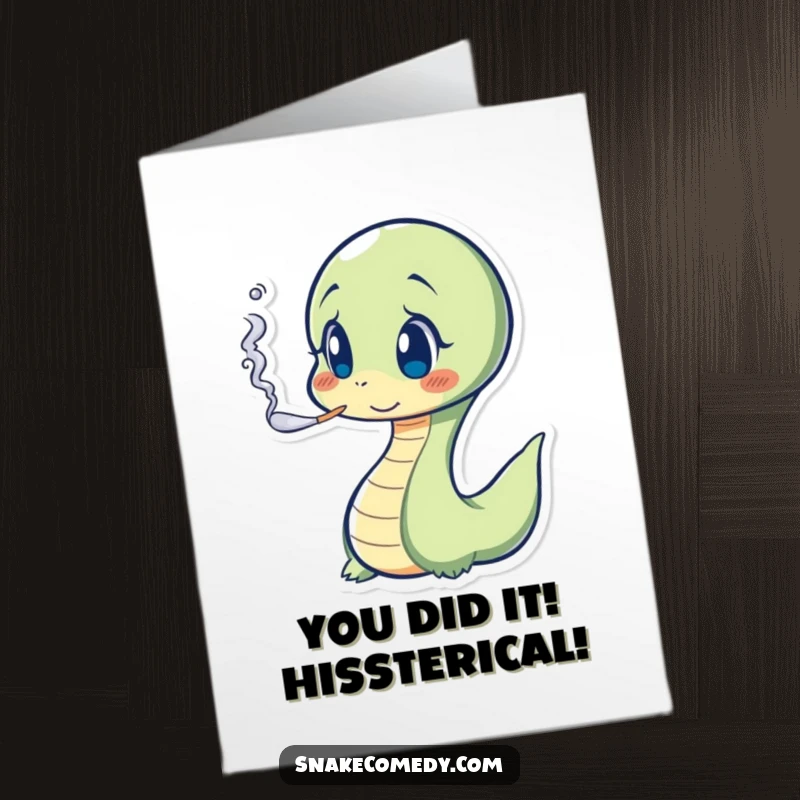 Funny Free Printable Congrats Card: Shocked snake character releasing a small smoke cloud, ideal for a humorous downloadable.