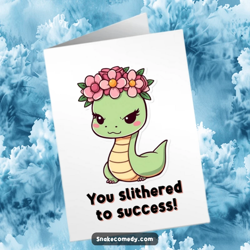 Funny Free Printable congratulations card with a cute snake wearing a flower crown and giving a sly, celebratory wink.
