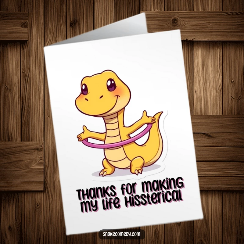 Funny Free Printable Thank You Card: A gleeful snake expertly hula hooping, sending thanks with a silly smile.