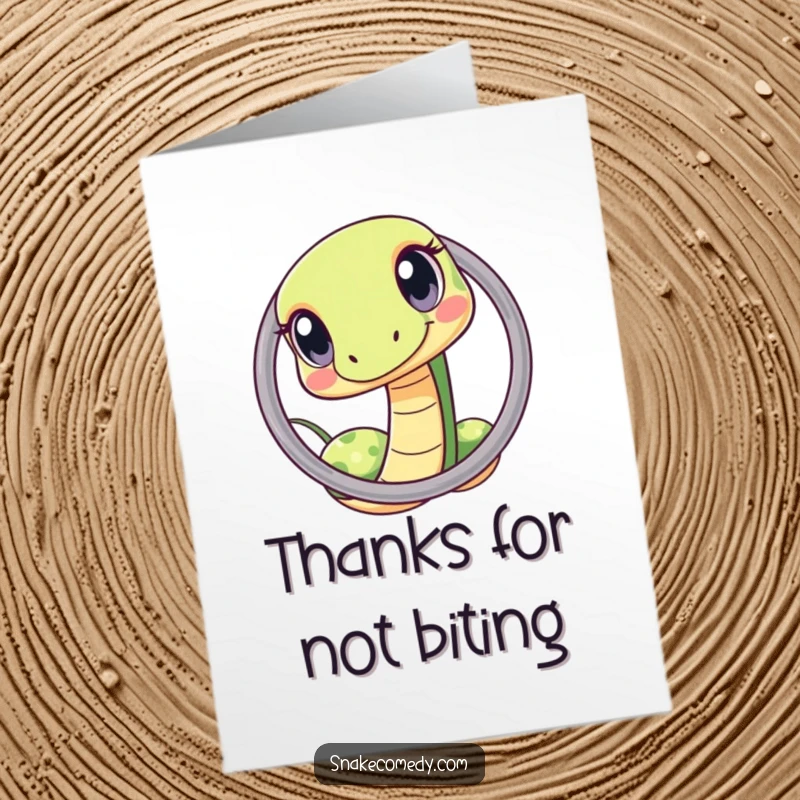 Funny Free Printable Thank You Card depicting a kawaii snake squeezing through a hoop, with wide, curious eyes, a quirky downloadable.