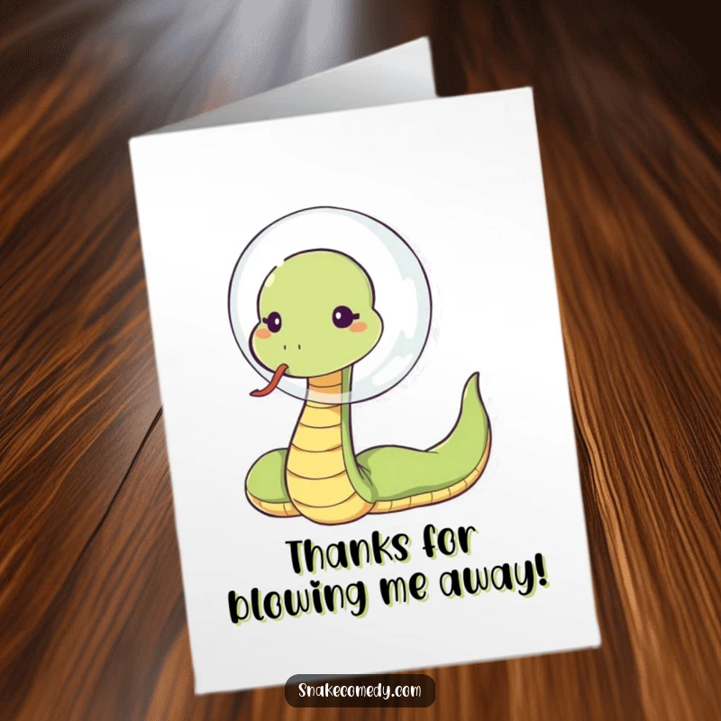Funny Free Printable Thank You Card with a sassy snake blowing a massive bubble, conveying thanks with a playful wink.
