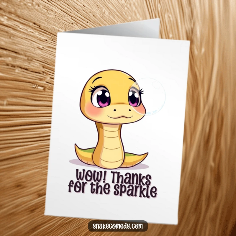 Funny Free Printable Thank You Card: Snake with wide, amazed eyes looking at a shimmering bubble, conveying thanks and wonder.