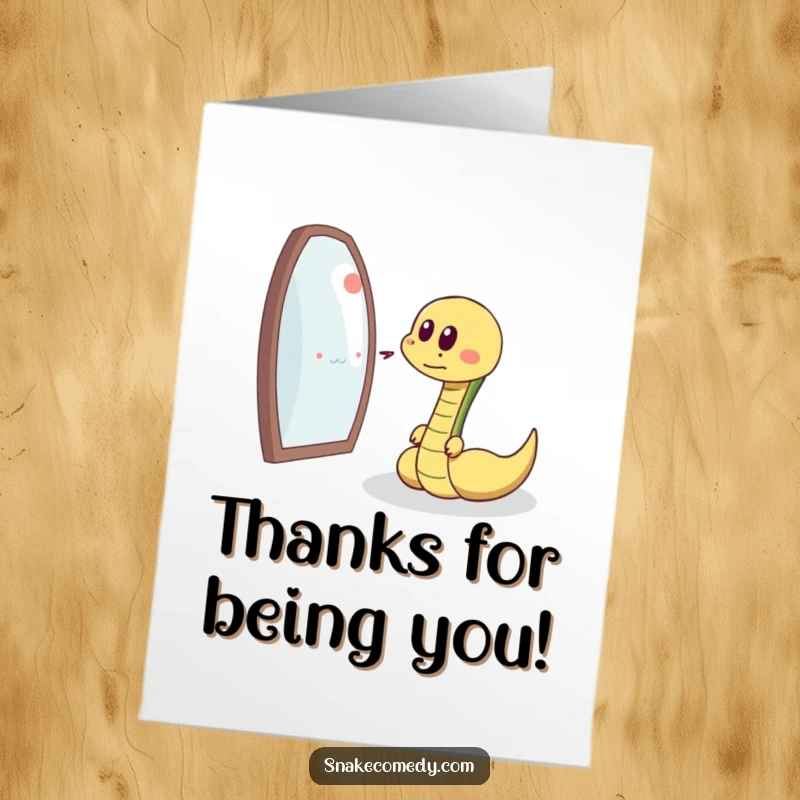 Funny Free Printable Thank You Card depicting a snake with a happy sigh chasing its own reflection, conveying thanks charmingly.