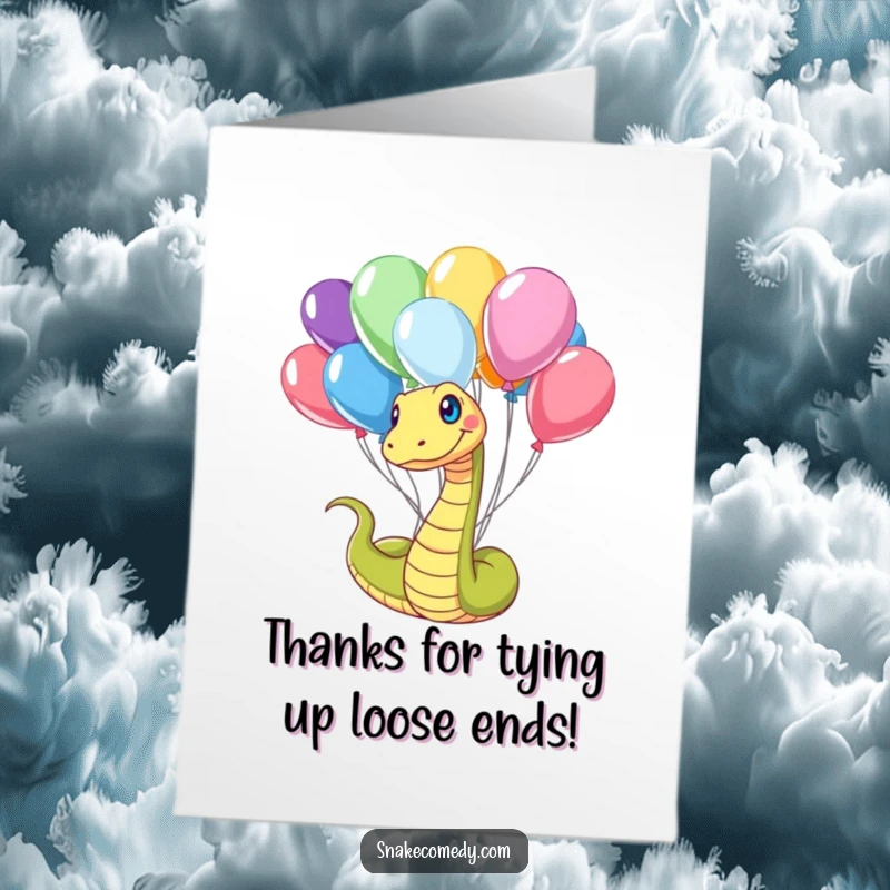Funny Free Printable Thank You Card: A happy snake playfully tangled in bright balloons conveys thanks with a cheerful, colorful embrace.