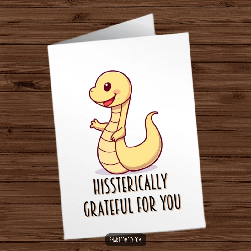Funny Free Printable Thank You Card of a happy snake doing a silly wobbly tail dance, sending heartfelt thanks with a humorous touch.