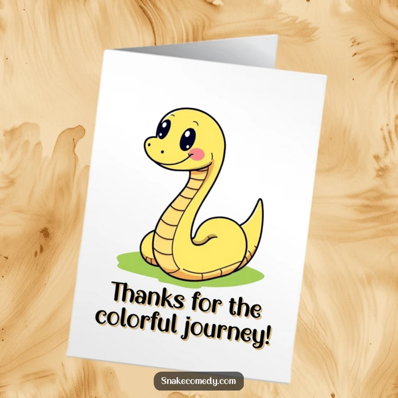 Funny Free Printable thank you card featuring a snake character joyfully traveling along a beautifully curved and vibrant colorful path.