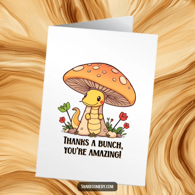Funny Free Printable Thank You Card: A mischievous snake peeks from behind a mushroom, holding a tiny gift.