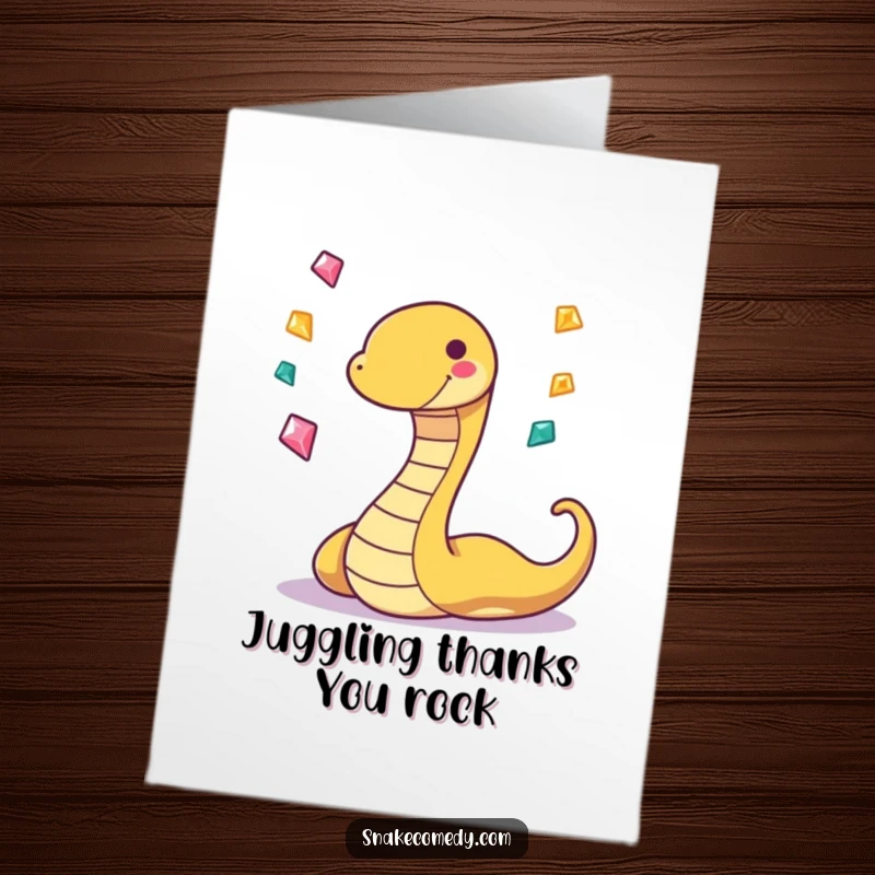 Funny Free Printable Thank You Card: Playfully wiggling snake with a grin, juggling three tiny, sparkling gems, expressing thanks.