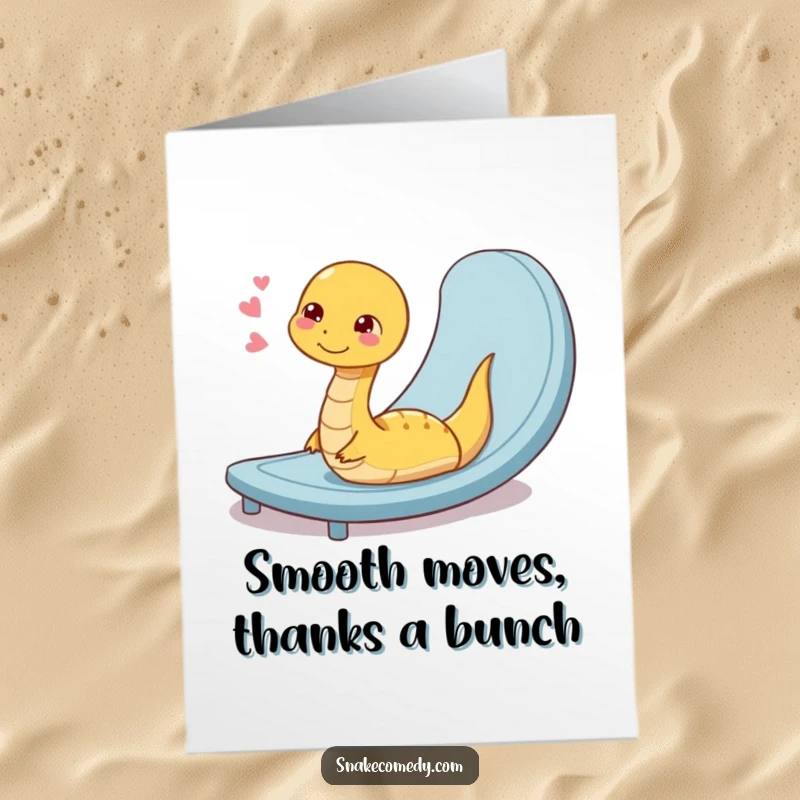 Funny Free Printable Thank You Card: Snake coiled and sighing contentedly after sliding down a ramp, expressing thanks.