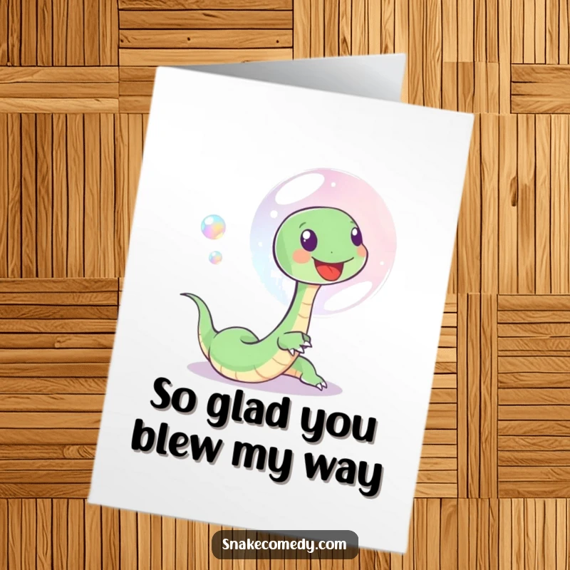 Funny Free Printable Thank You Card showing a small snake joyfully chasing a shimmering, iridescent soap bubble, sending thanks with a sense of wonder.
