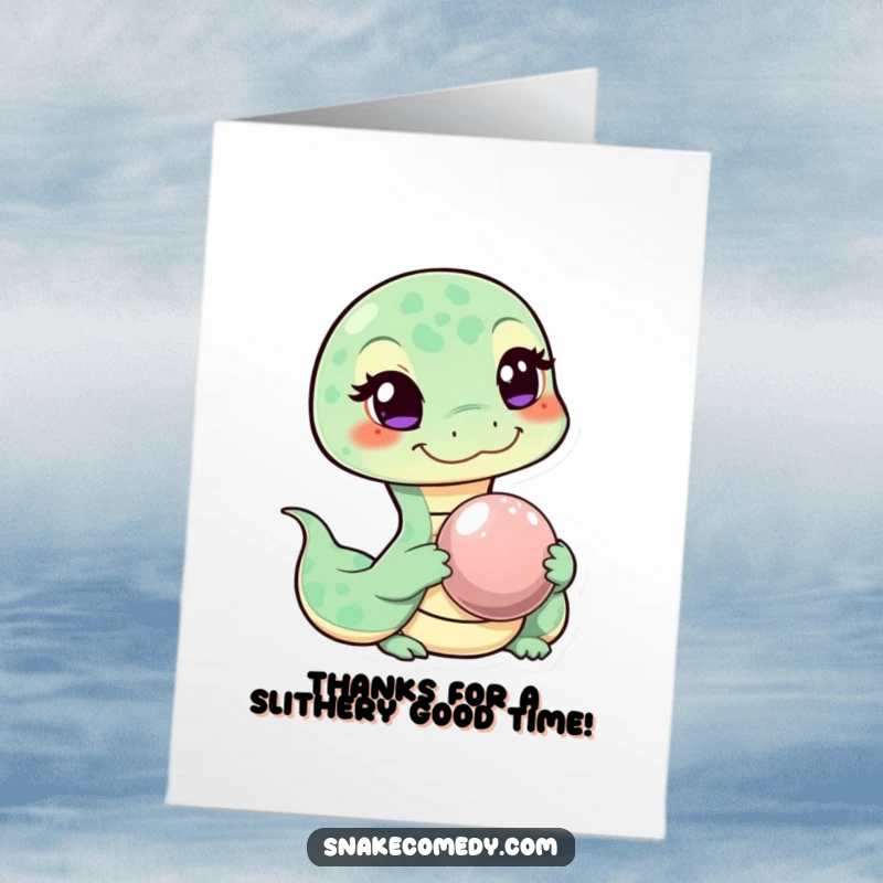 Funny Free Printable Thank You Card: Mischievous snake winks, presenting a shiny pebble as a token of gratitude.