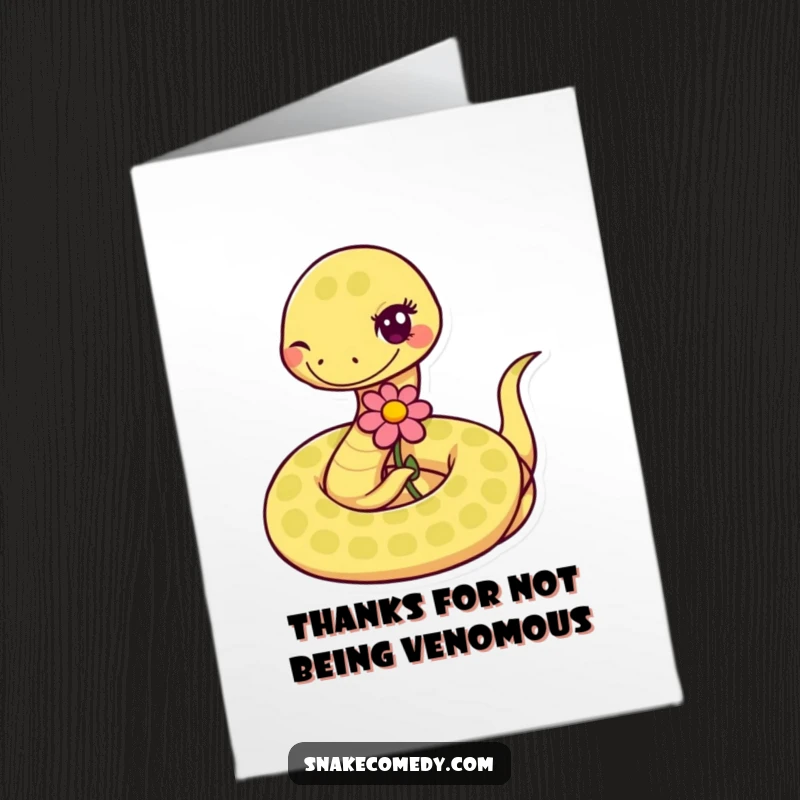 Funny Free Printable Thank You Card: A winking snake offers a flower to express gratitude.