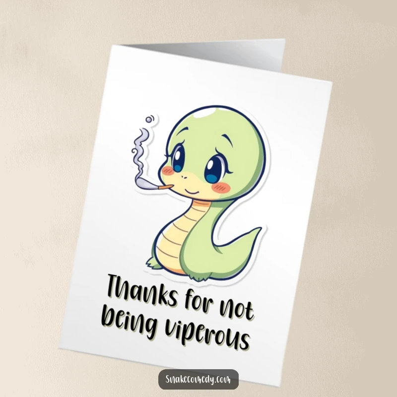 Funny Free Printable Thank You Card: Snake character emitting a puff of smoke with a look of pure astonishment.