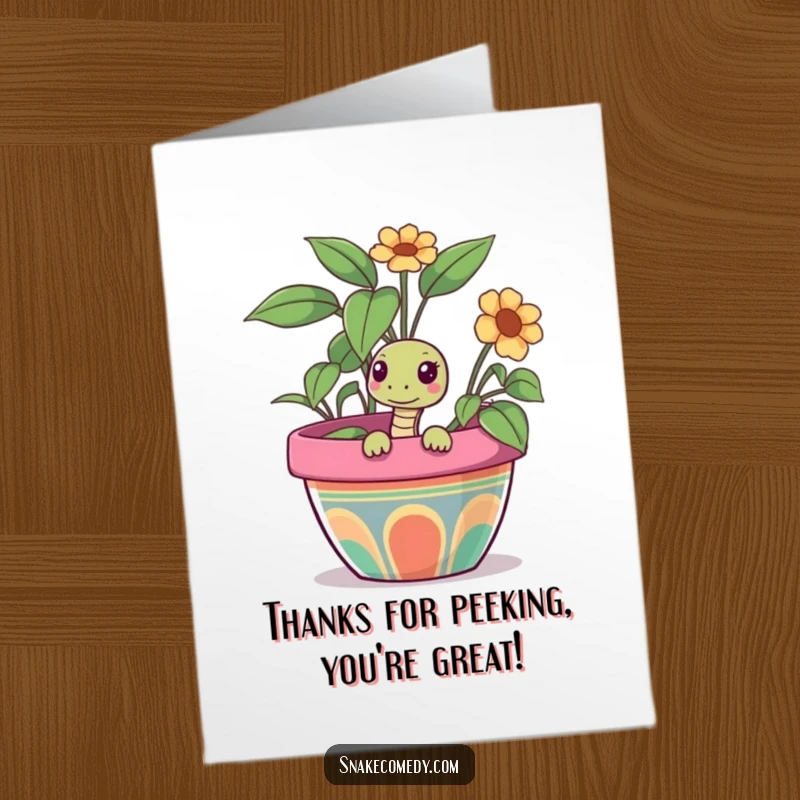 Funny Free Printable Thank You Card showing a snake curiously emerging from a large, bright flower pot.