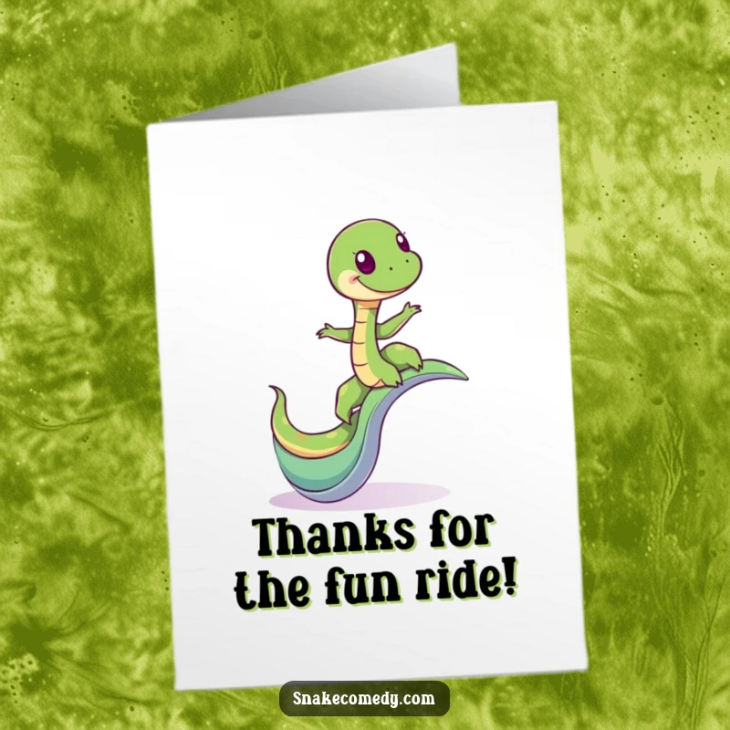 Funny Free Printable Thank You Card: A giddy snake balances with glee on a winding, whimsical slide, enjoying the ride.