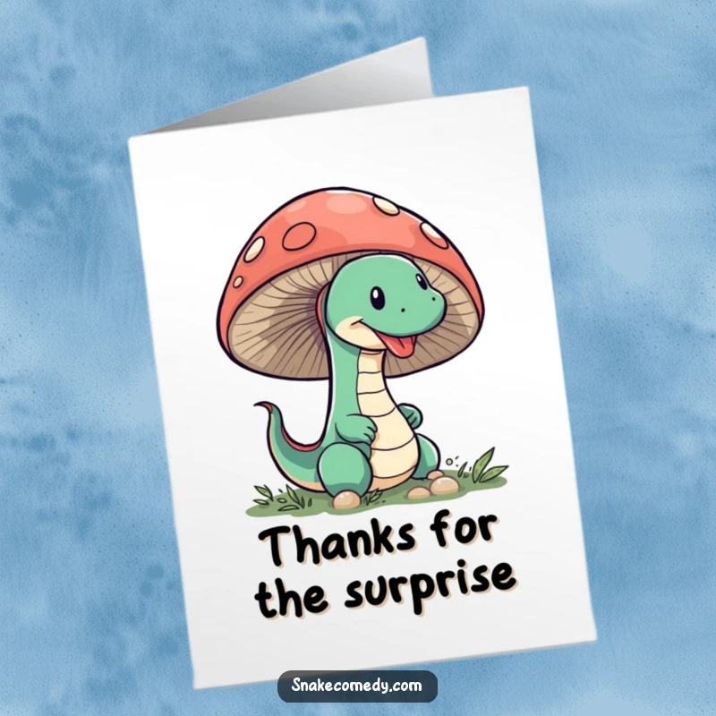 Funny Free Printable Thank You Card: A sneaky snake peeks out from behind a large mushroom, offering a humorous thank you.